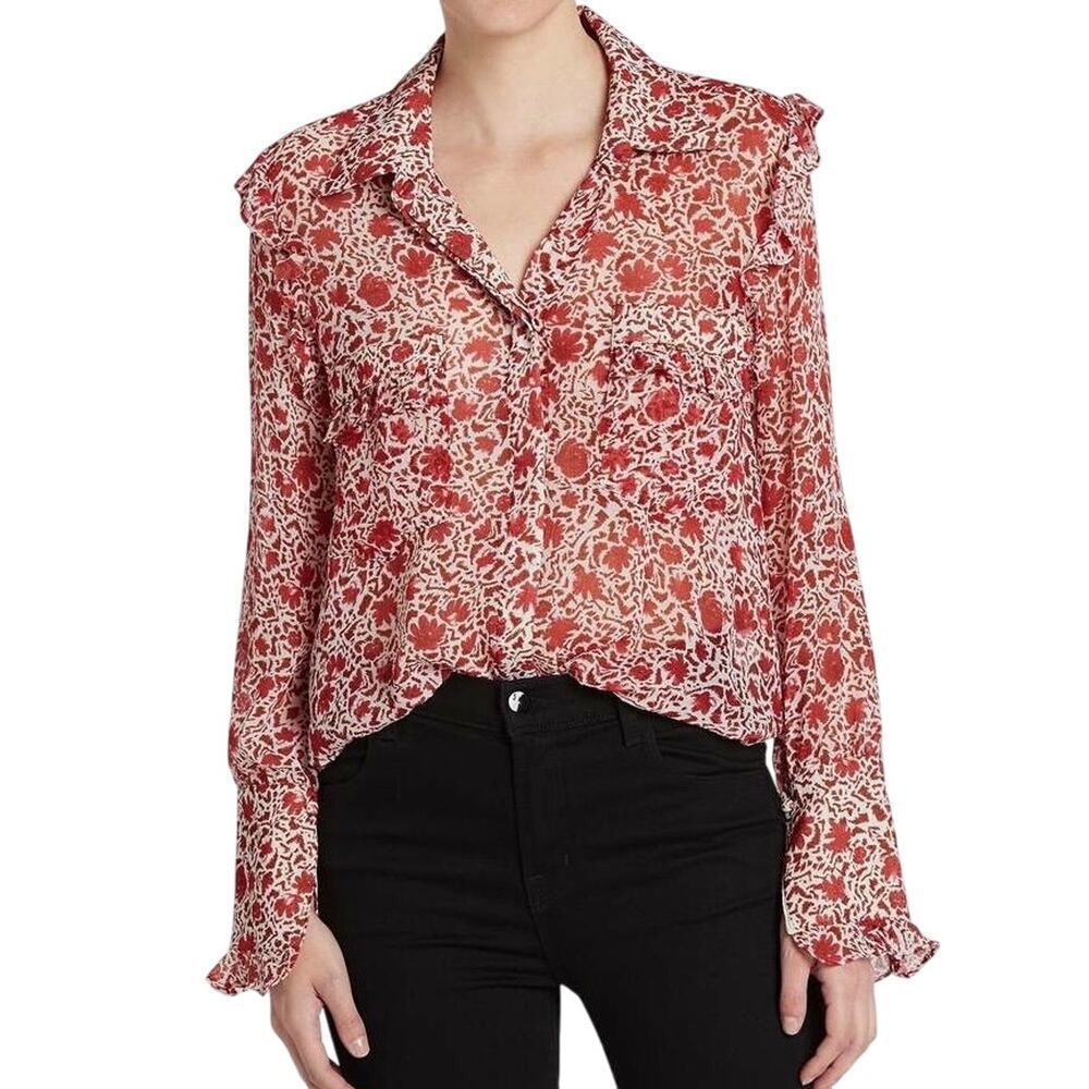 MISA LOS ANGELES Anita Long Sleeve Ruffle Rust Red Floral Animal Blouse - Sz L
